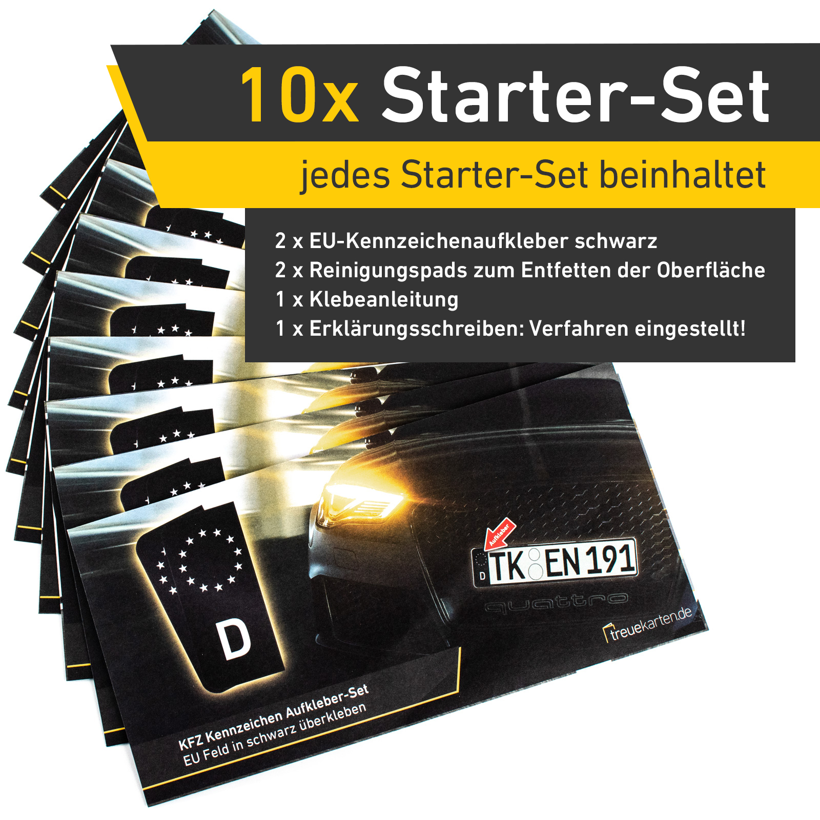 20x Kennzeichen Nummernschild Aufkleber, EU Feld Schwarz, inkl. 10x Starter-Set