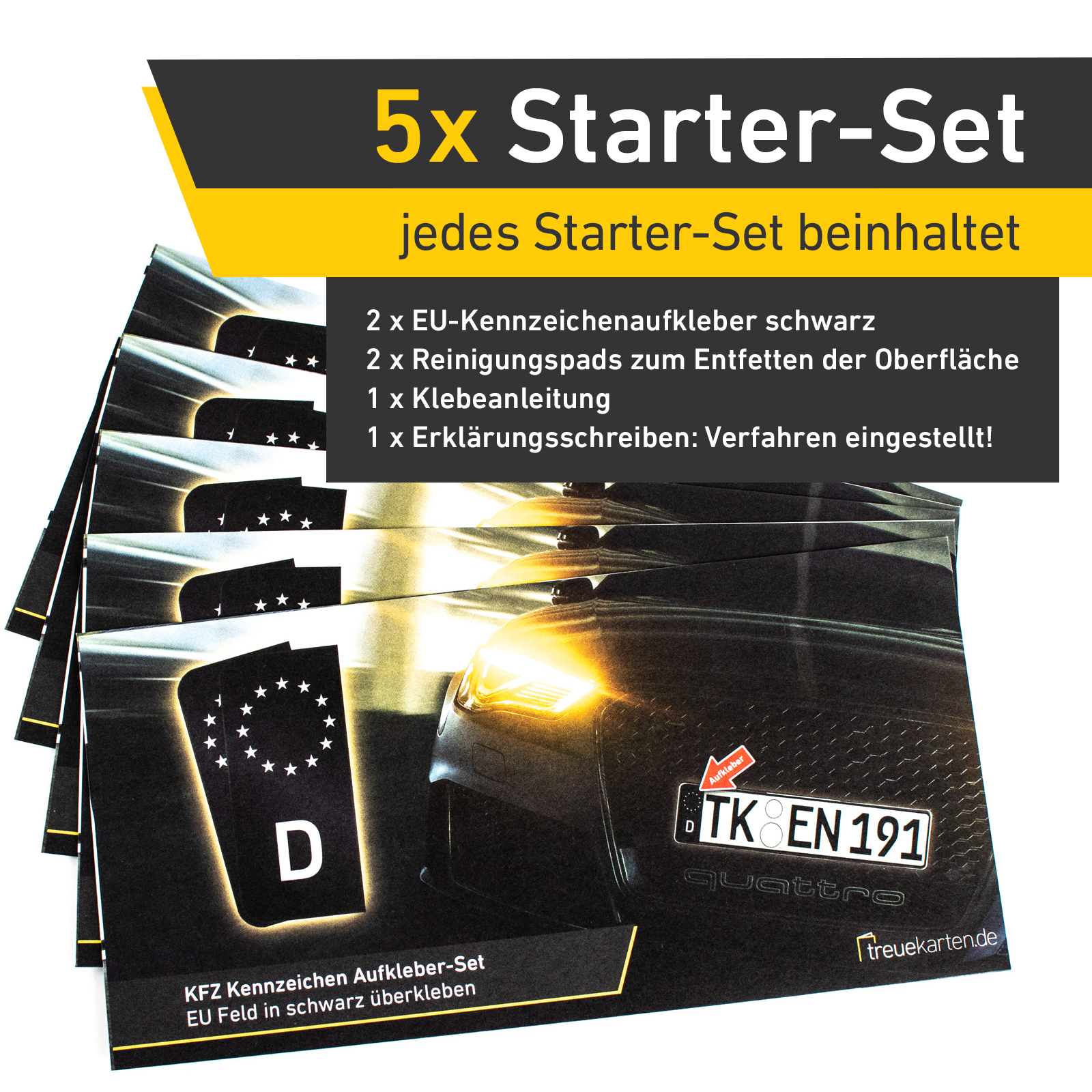 10x Kennzeichen Nummernschild Aufkleber, EU Feld Schwarz, inkl. 5x Starter-Set