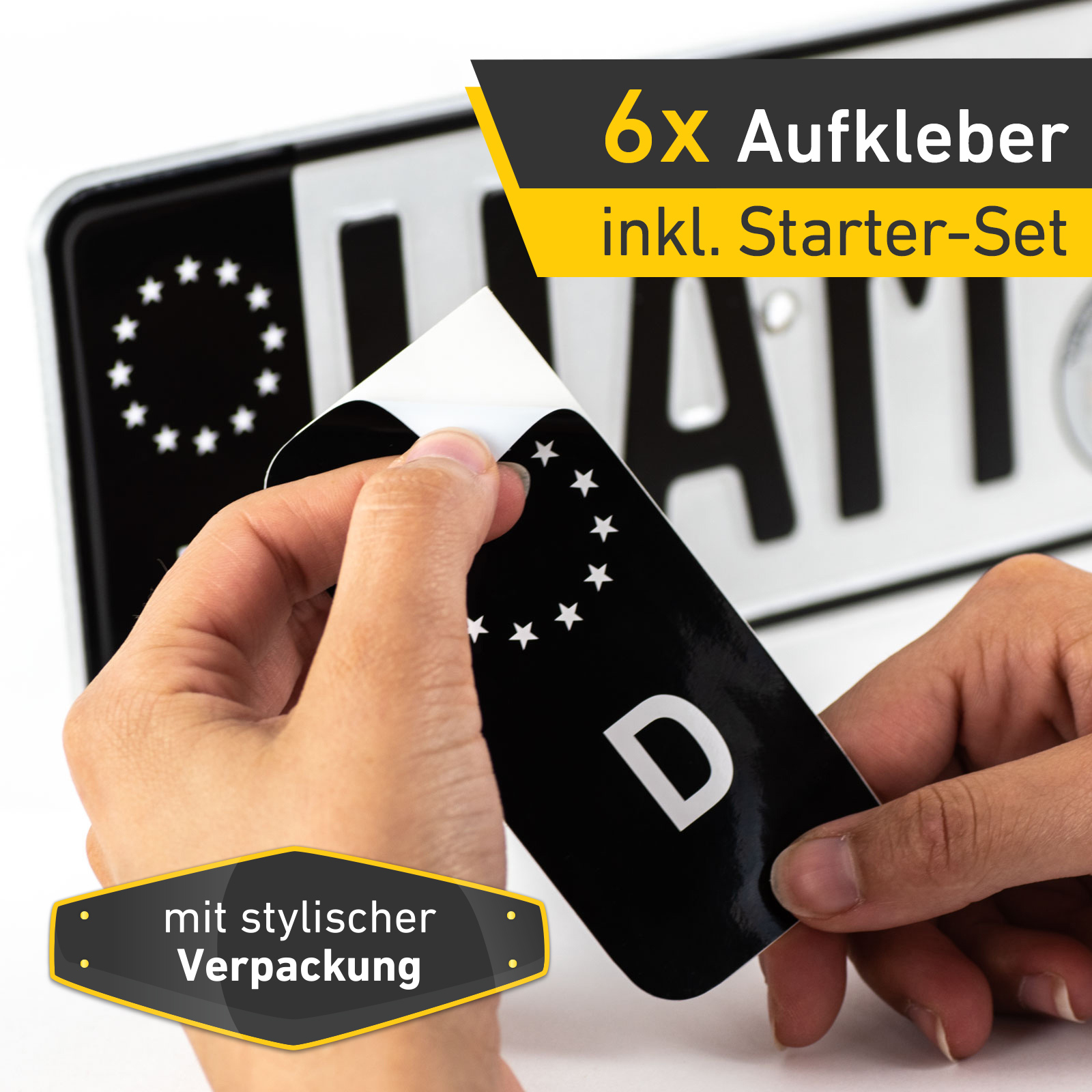 6x Kennzeichen Nummernschild Aufkleber, EU Feld Schwarz, inkl. 3x Starter-Set